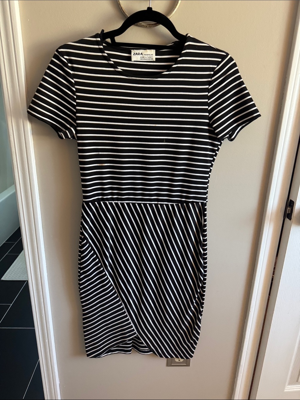 Zara Black and White Striped Short Sleeve Dress